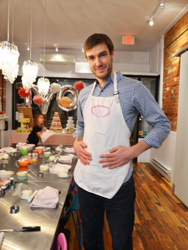 Riley O'Brien in his pink apron at Le Dolci