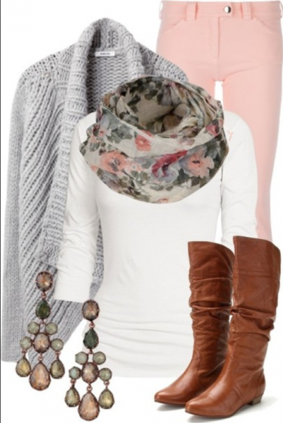 A spring outfit featuring a floral scarf