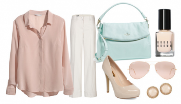 SPring outfit made up of pastel coloured clothes