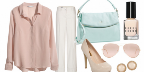 Spring outfit made up of pastel coloured clothes