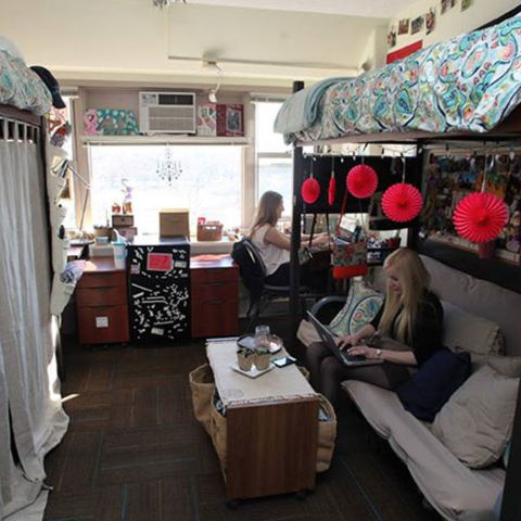 An image of a busy, but functional dorm room.